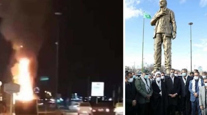 ایران: قاسم سلیمانی کا مجسمہ نقاب کشائی کے چند گھنٹے بعد ہی نذر آتش